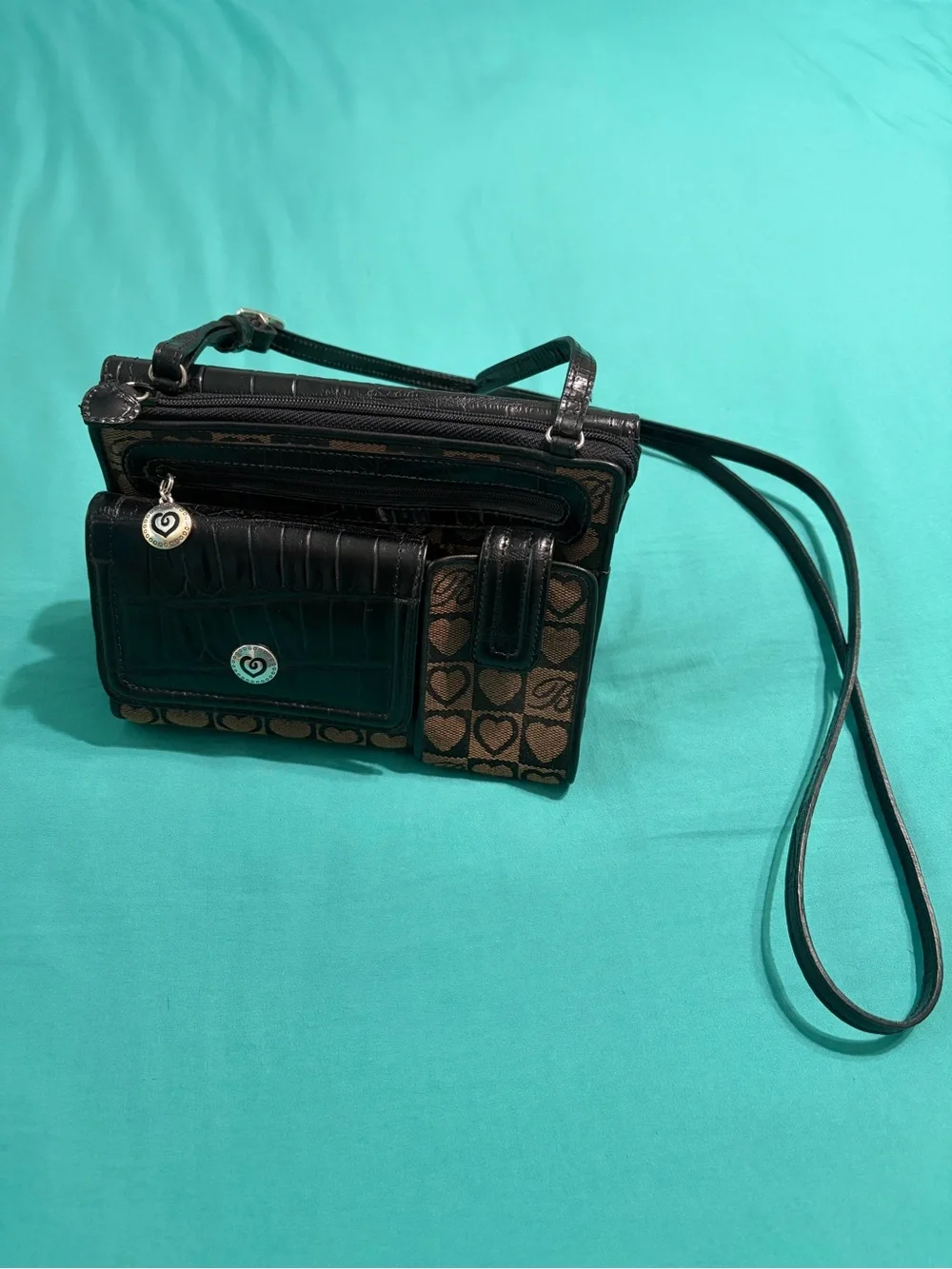Brighton Brown & Black Heart Jacquard and Leather Crossbody Organizer Bag